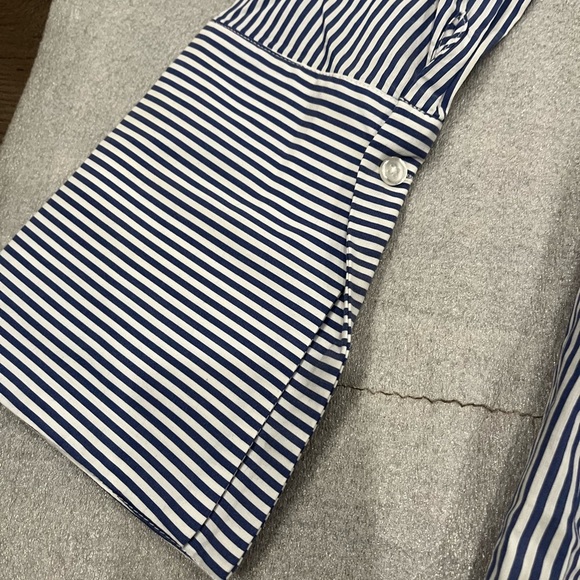 [XS/PTP:18”]Highline Collective Embroidered Floral Bird Blue Striped Shirt Dress - Picture 4 of 12